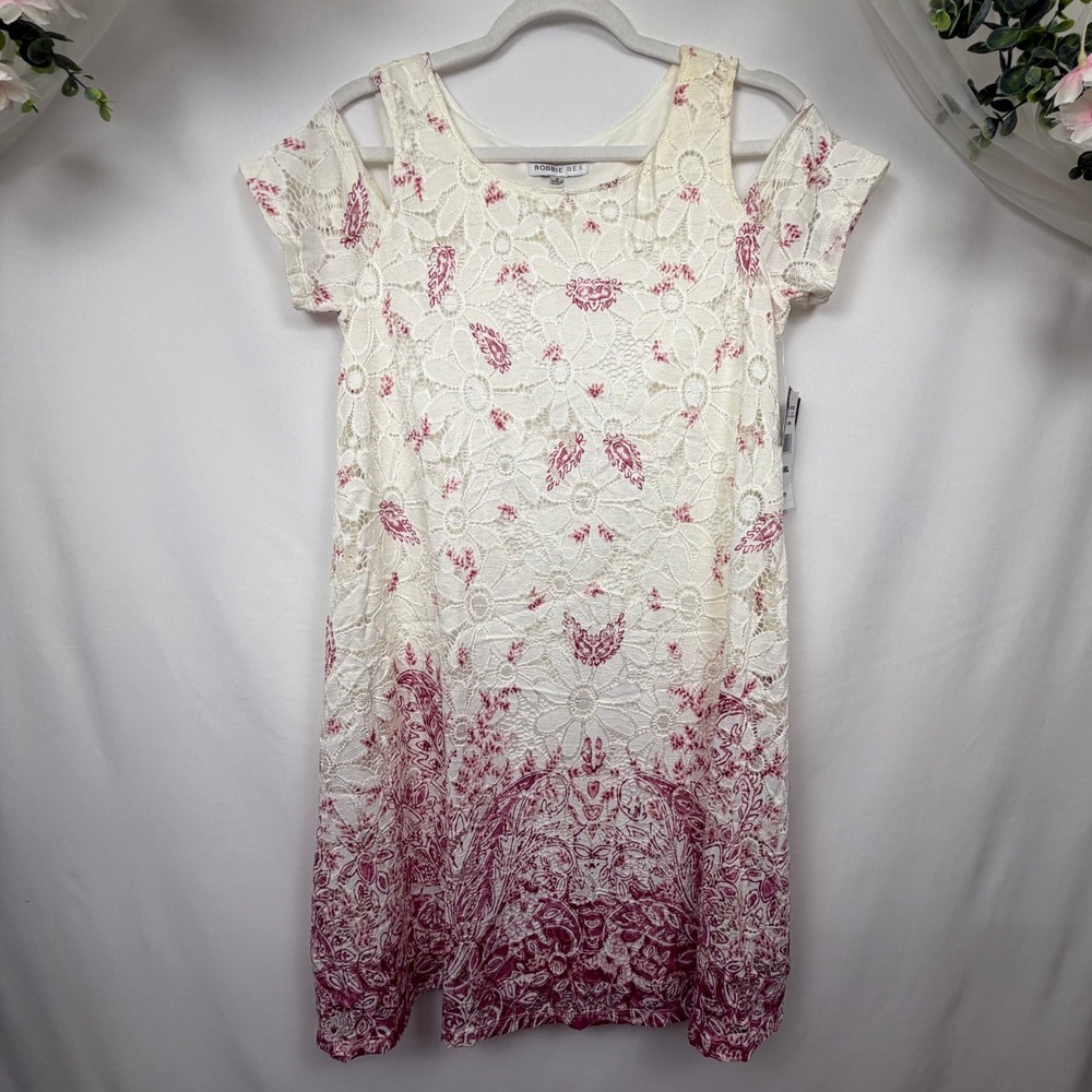 Robbie Bee Womens White Pink Ombre Floral Lace Cold Shoulder Shift Dress S NEW
